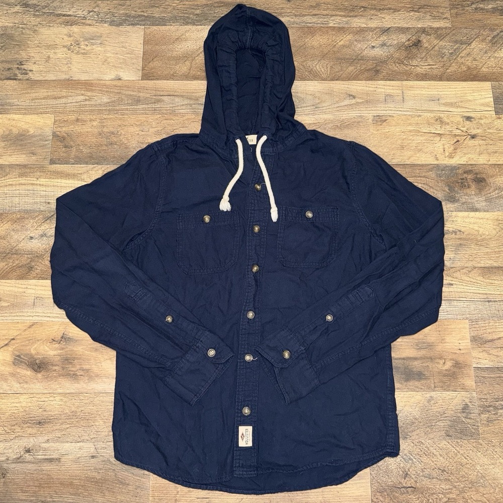Hollister Navy Hooded Button Shirt Mens Medium Blue Long Sleeve